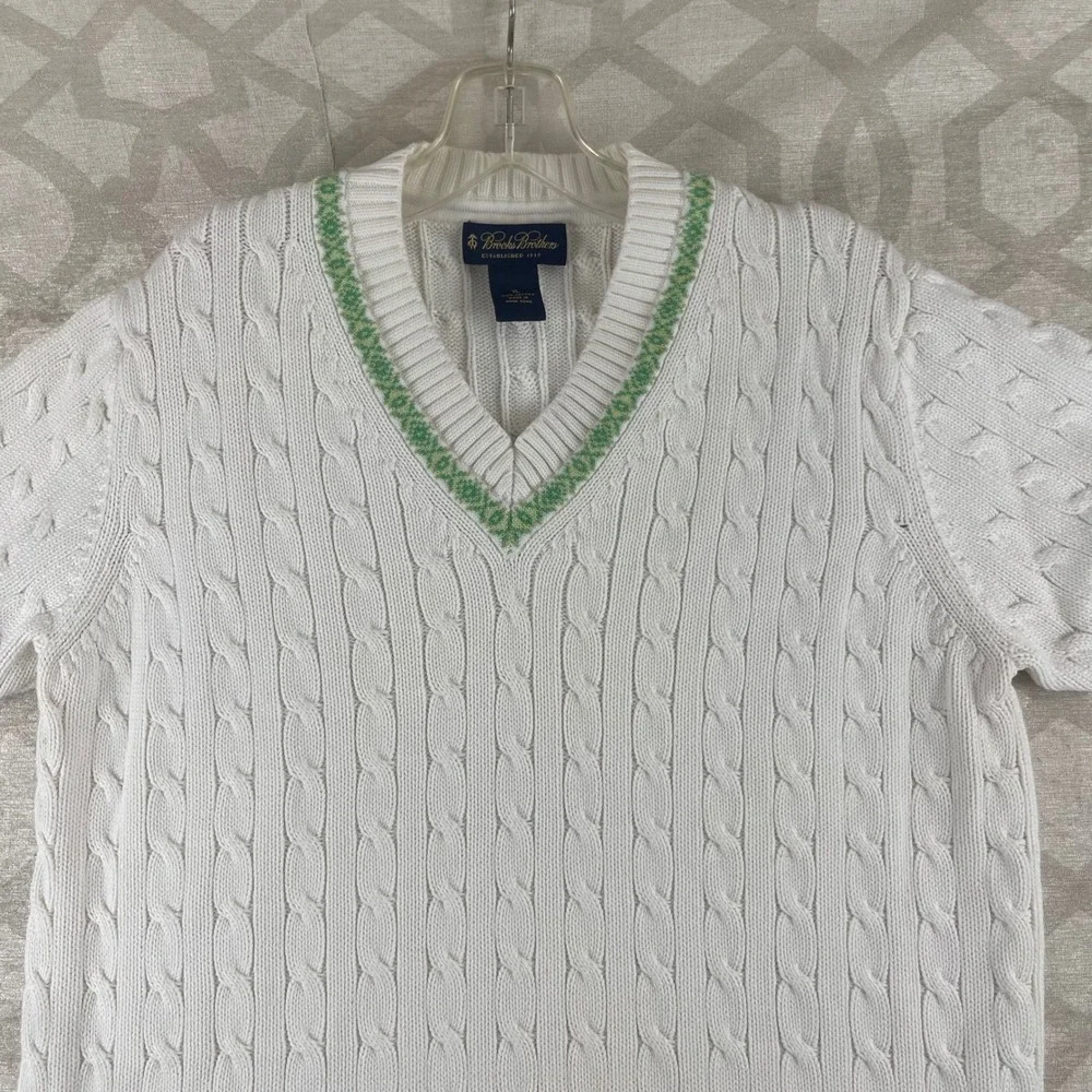 Brooks Brothers Cable Knit Tennis Sweater Youth XL White Green‎ V-Neck Short Slv